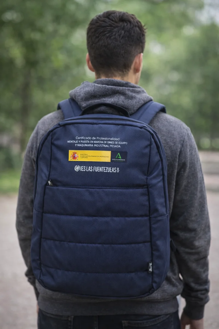 Mochila azul personalizada con impresión DTF sobre tejido, con logotipos institucionales del IES Las Fuentezuelas, centro educativo de Jaén.