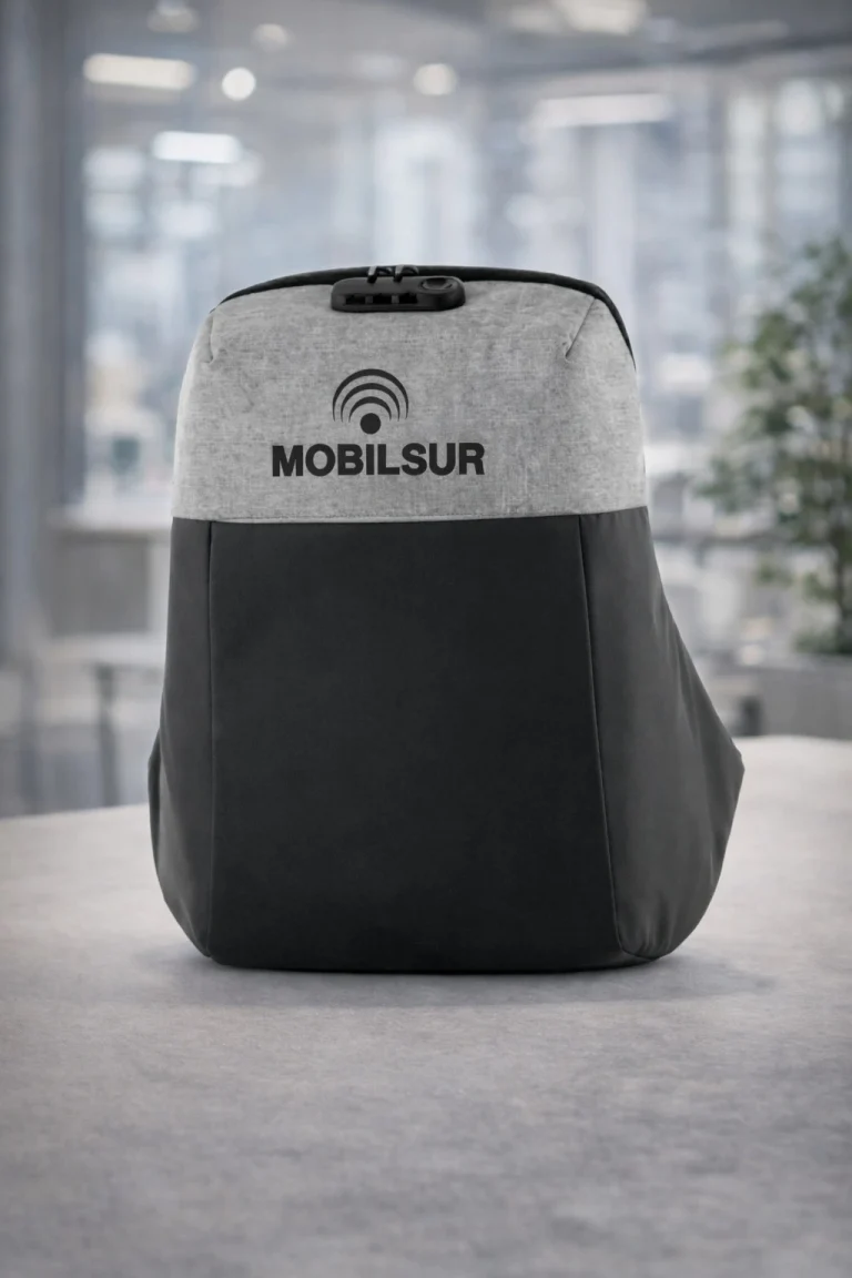 Mochila personalizada en textil mediante impresion DTF con logotipo corporativo, acabado resistente y profesional para empresa del sector telefonia