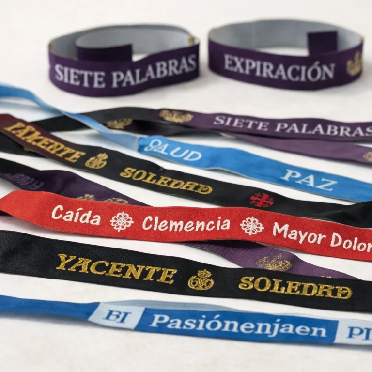 Pulseras tejidas en distintos colores con palabras y símbolos cofrades, realizadas mediante serigrafía sobre tejido resistente.
