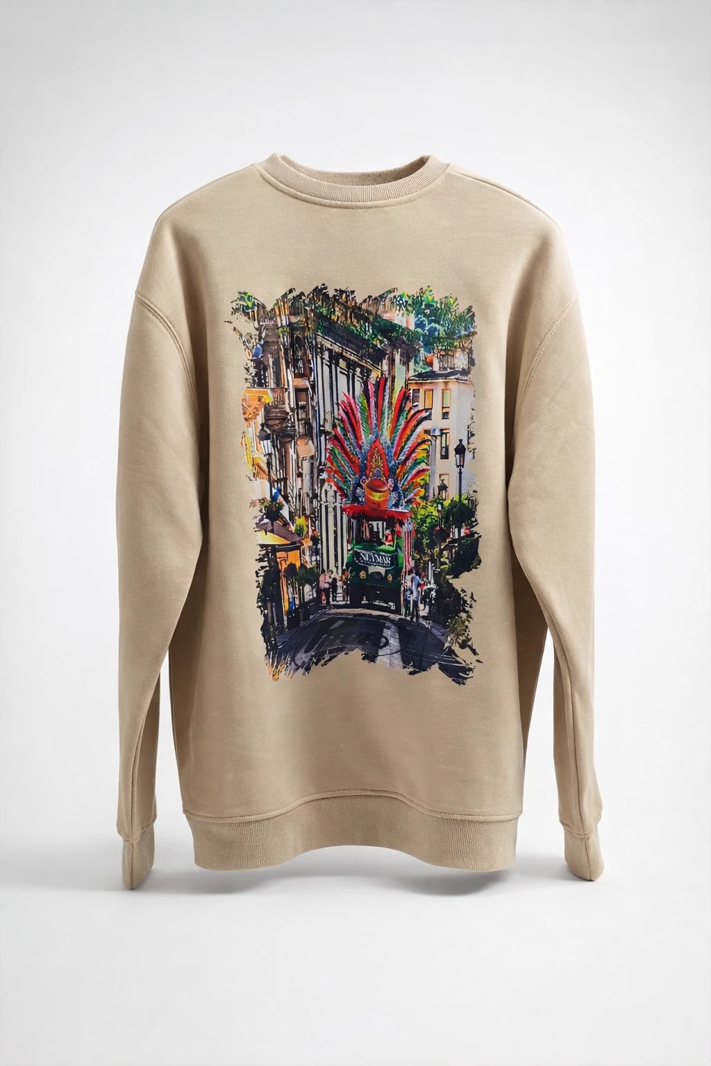 Sudadera personalizada con impresion DTF a todo color sobre textil beige para chirigota de carnaval con diseño ilustrado detallado